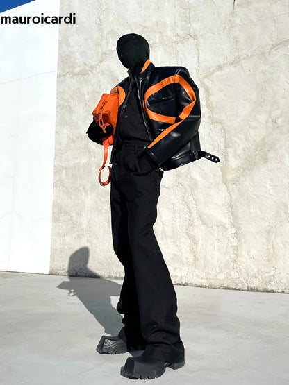 Cool Loose Orange and Black Color Block Faux Leather Jacket Men Luxury Designer Zip Up Clothes 2023