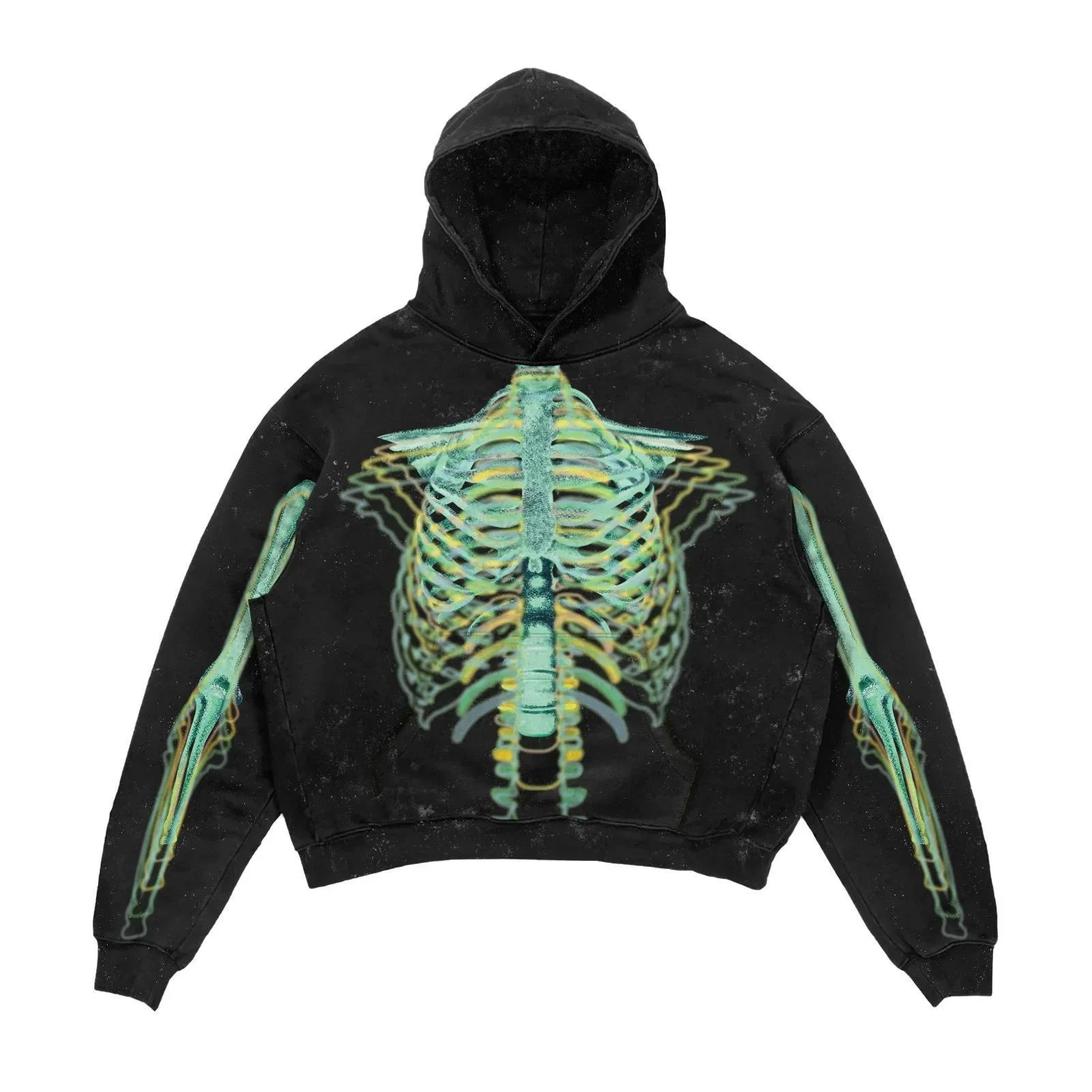 A Maramalive™ Explosions Printed Skull Y2K Retro Hooded Sweater Coat Street Style Gothic Casual Fashion Hooded Sweater Men's Female featuring a 3D skeletal rib cage and arms design in green and yellow tones, perfect for adding a touch of punk style to your wardrobe across all four seasons.