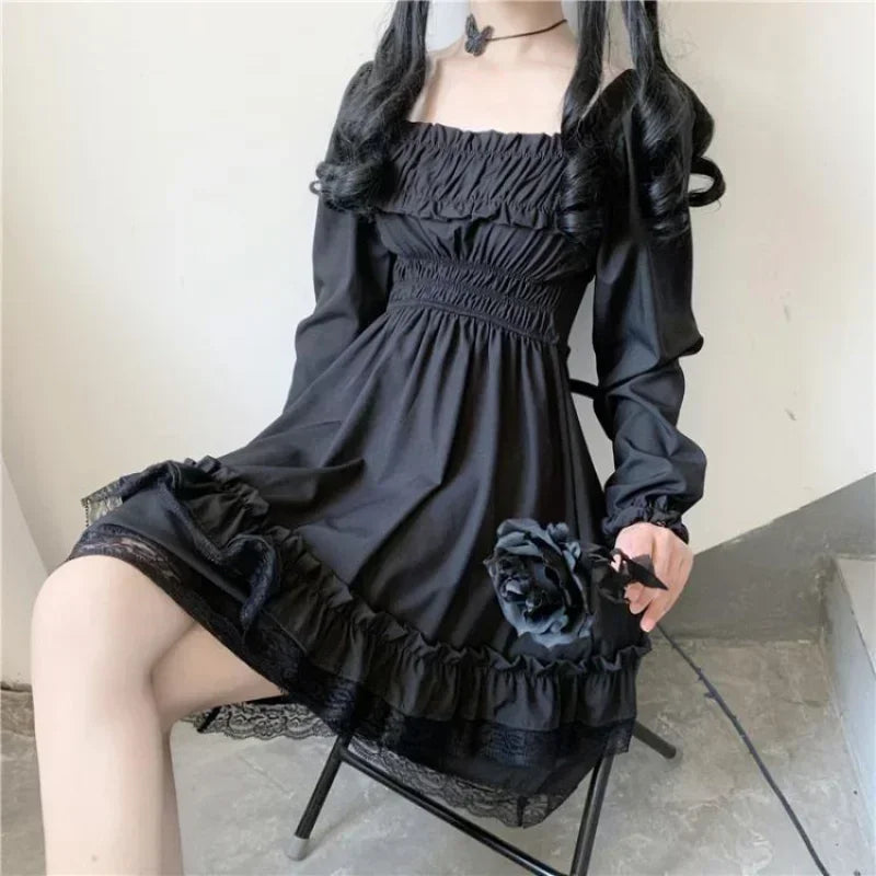 Lolita Style Women Princess Black Mini Dress Slash Neck High Waist Gothic Dress Puff Sleeve Lace Ruffles Party Dresses