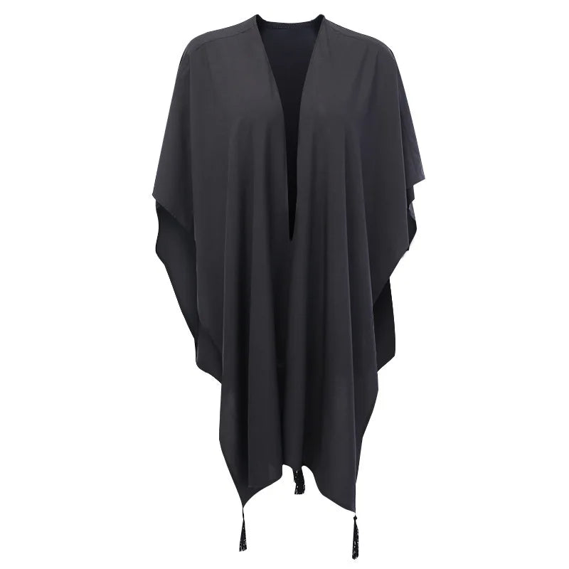 A Maramalive™ Gothic Black Retro Moon Print Tassel Cloak Female Autumn and Winter Dark V-neck Loose Top Bat Cloak Goth Jacket Women, perfect for adding a touch of gothic style to your sleeveless jacket or as a lightweight summer outerwear piece.