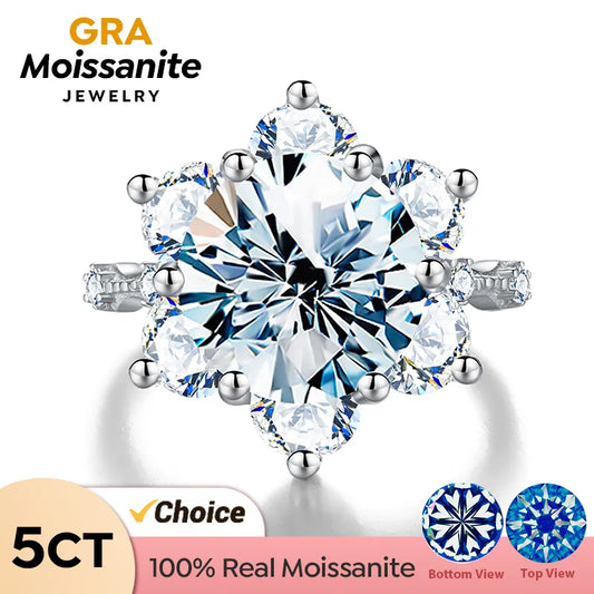 GRA 100% Real 5CT Big Moissanite Diamond Classical Sunflower Ring for Women Gift 925 Sterling Silver Wedding Luxury Fine Jewelry