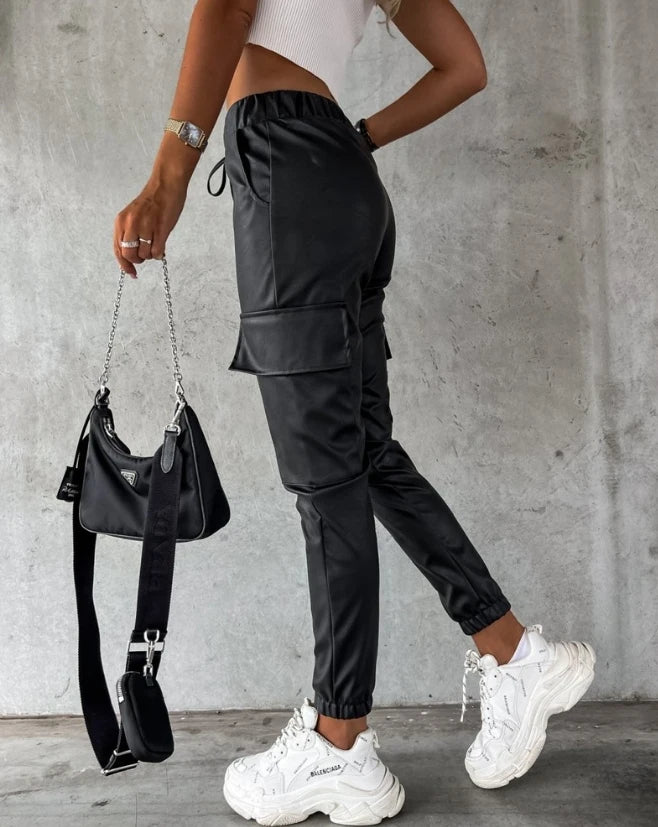 Women Leather Pants Spring Pocket Design Elastic Waist Pu New In Clothing Casual Trousers Sport Jogging Streetwear Cargo Pants