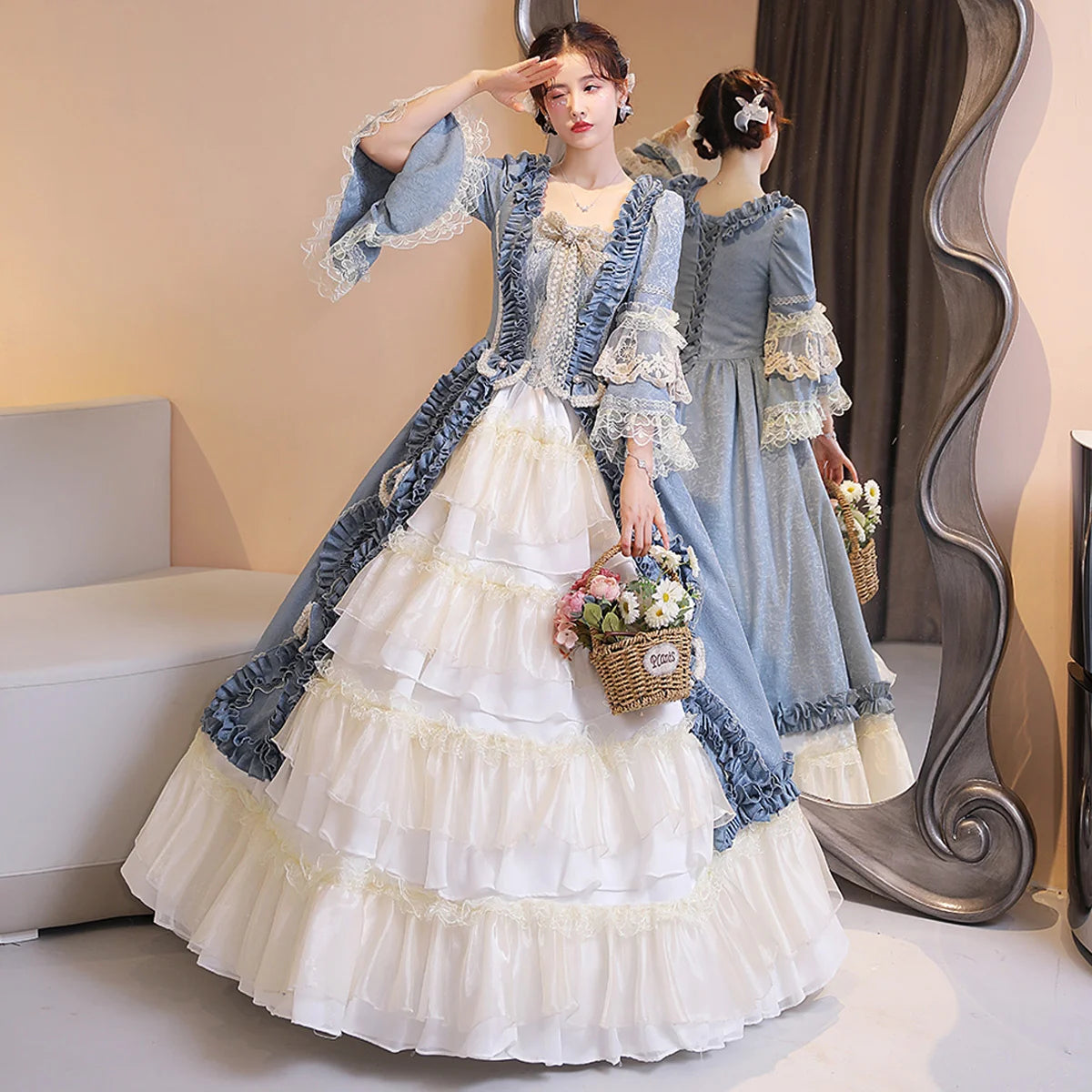 Fog Blue European Style Palace Princess Romantic Dress Studio Drama Music Opera Catwalk Performance Costume Victoria Costume