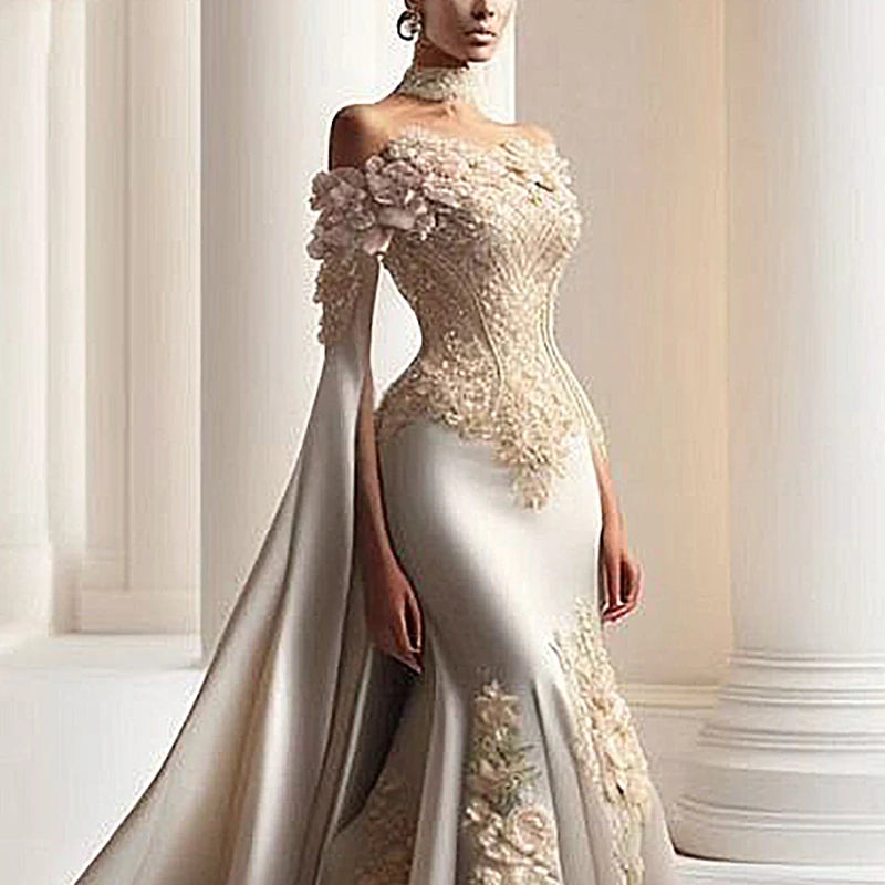 Elegant Long 3D Flowers Evening Dresses for Women Satin Floor-Length Mermaid Prom Party Gala Special Events Wedding Dress 2024