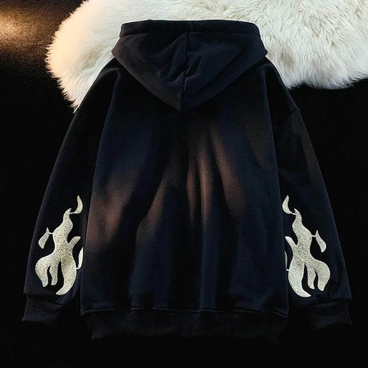 A **Maramalive™ Embroidery Sweatshirt Women Oversized Zip-Up Hoodies Gothic Hip Hop Hooded Streetwear Female Hoodie Y2k Full Jacket** is displayed, capturing that Gothic Hip Hop Streetwear vibe. The back view reveals a hood against a fuzzy white background, emphasizing its edgy appeal.