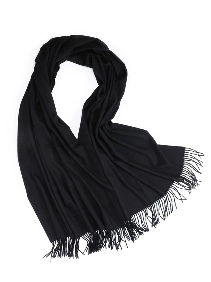 black scarf looped with tassles