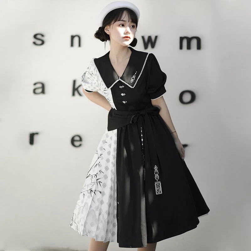 +Element Short Sleeve Op Dress Improved Daily Skirt Spring Black White Lolita