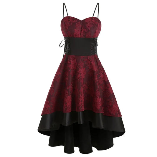 New Women's Gothic Vintage Lace Embroidered Waistband Halter Gown Dresses Fashion Irregular Ruffle Hem Evening Party Dress