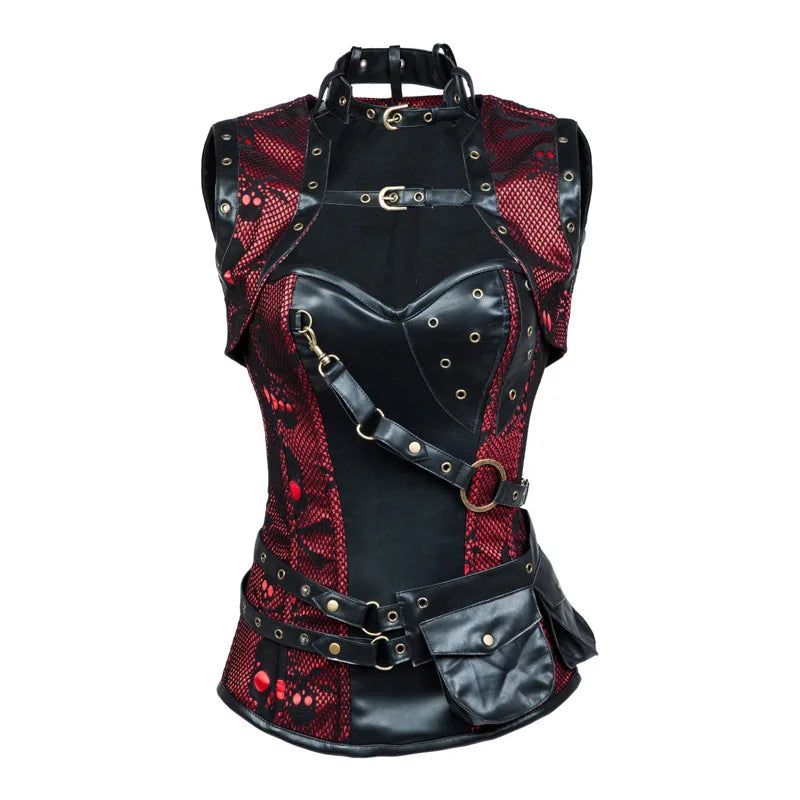 A Retro Jacquard Floral Corsets Top Steampunk Women Sexy Goth Corset Overbust Gothic Bustier Bodice Femme Punk Clothing Plus Size by Maramalive™ with leather straps, buckles, rivet detailing, and 14 plastic bones for added structure.