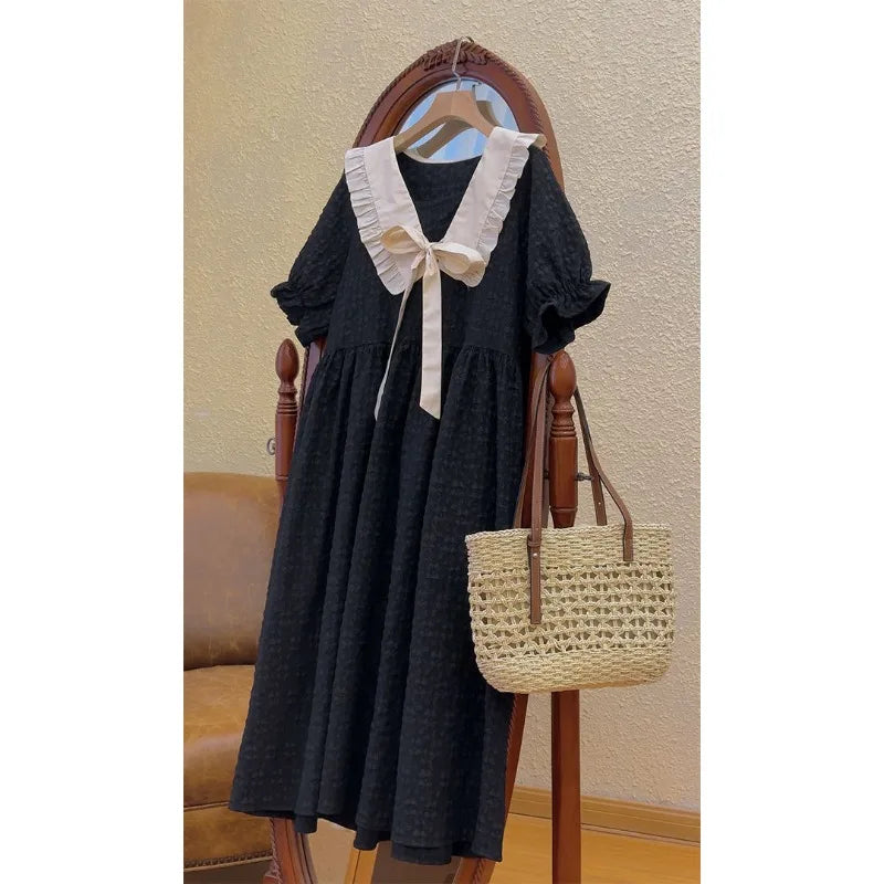 Summer College Style Sweet Cute Doll Collar Women Dress Casual Loose A-line Puff Sleeve Black Long Dresses