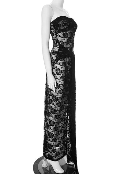 Women's Black Sheer Lace Long Straps Maxi Dress Sexy See-Through Floral Lace Slim Tube Dress Party Club Wear Vestidos