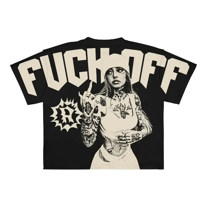 Black oversized t-shirt featuring a tattooed woman in a beanie making a hand gesture, with "F*CK OFF" boldly printed above the illustration. This Punk Hip Hop Graphic T Shirts Mens Vintage Y2k Top Goth Oversized T Shirt Fashion Loose Casual Short Sleeve Streetwear by Maramalive™ combines modern attitude with a touch of vintage Y2k flair.