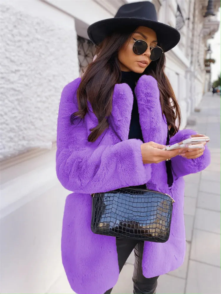 Faux Fur Coat Women Purple Long Sleeve Lapel Winter Coat New Fashion Temperament Office LadyWhite Fur Jackets Clothing Red