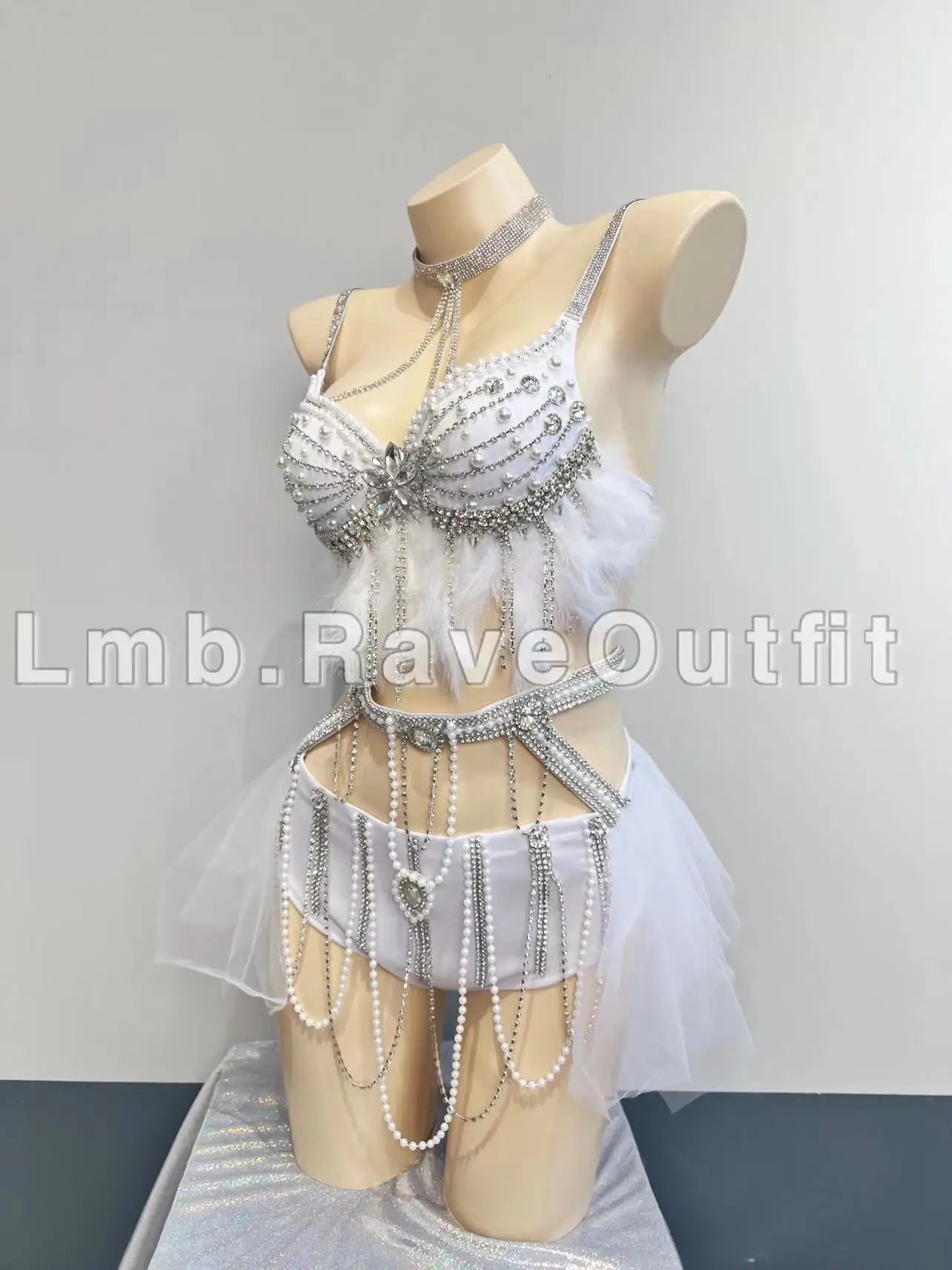 New Shiny Pearl Tassel Chain Bikini Set Bra+Mesh Dress Shorts Sexy Suit Nightclub Bar Female Singer Stage Dance Festival Outfit