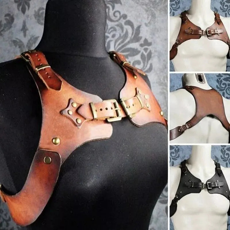 Medieval Steampunk Viking PU Leather Suspender Shoulder Chest Harness Armor for Men Women Cosplay Outfit Breastplate Accessory