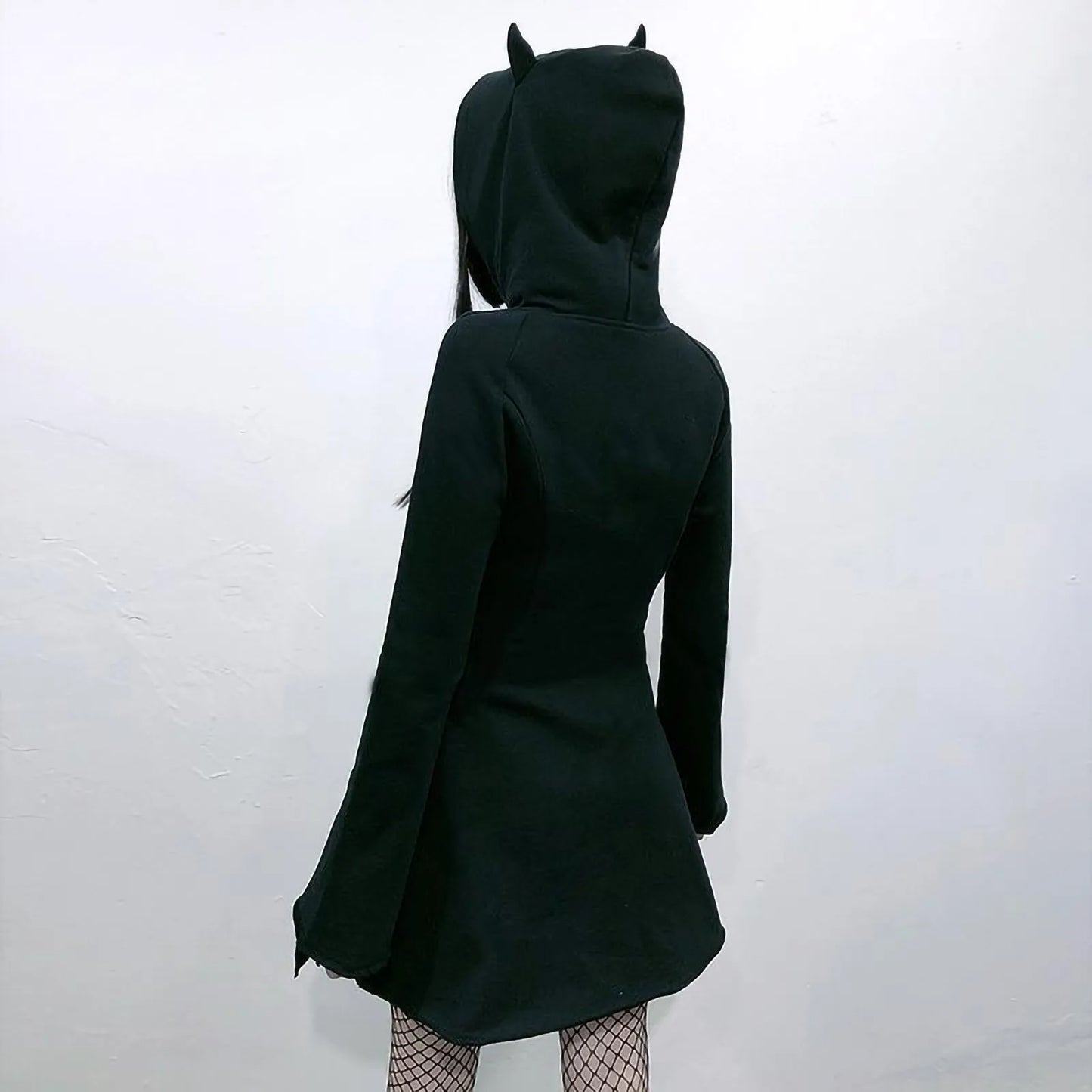 Gothic Devil Horns Hoodie Dress Women Solid Zip Up Hooded Sweatshirt Dresses Long Sleeve Short Streetwear Short Swing Dresses