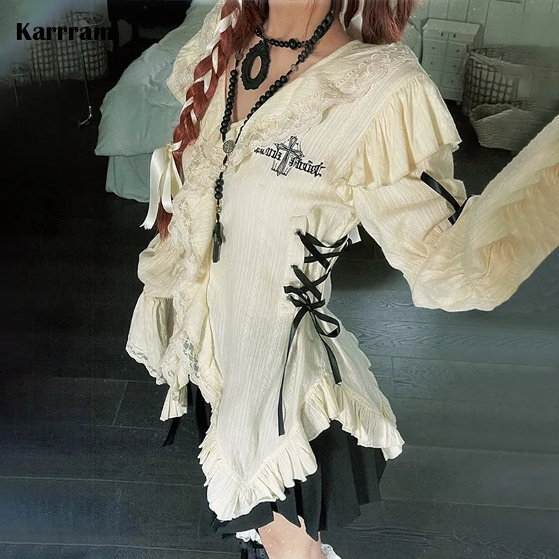 Y2k Aesthetics Lace Shirt Grunge Gothic Irregular Blouses Fairy Bandage Shirt Vintage Lolita Clothes Mall Goth