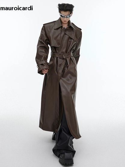 Long Oversized Black Brown Faux Leather Trench Coat Men Belt Double Breasted Luxury Designer Clothes 2023