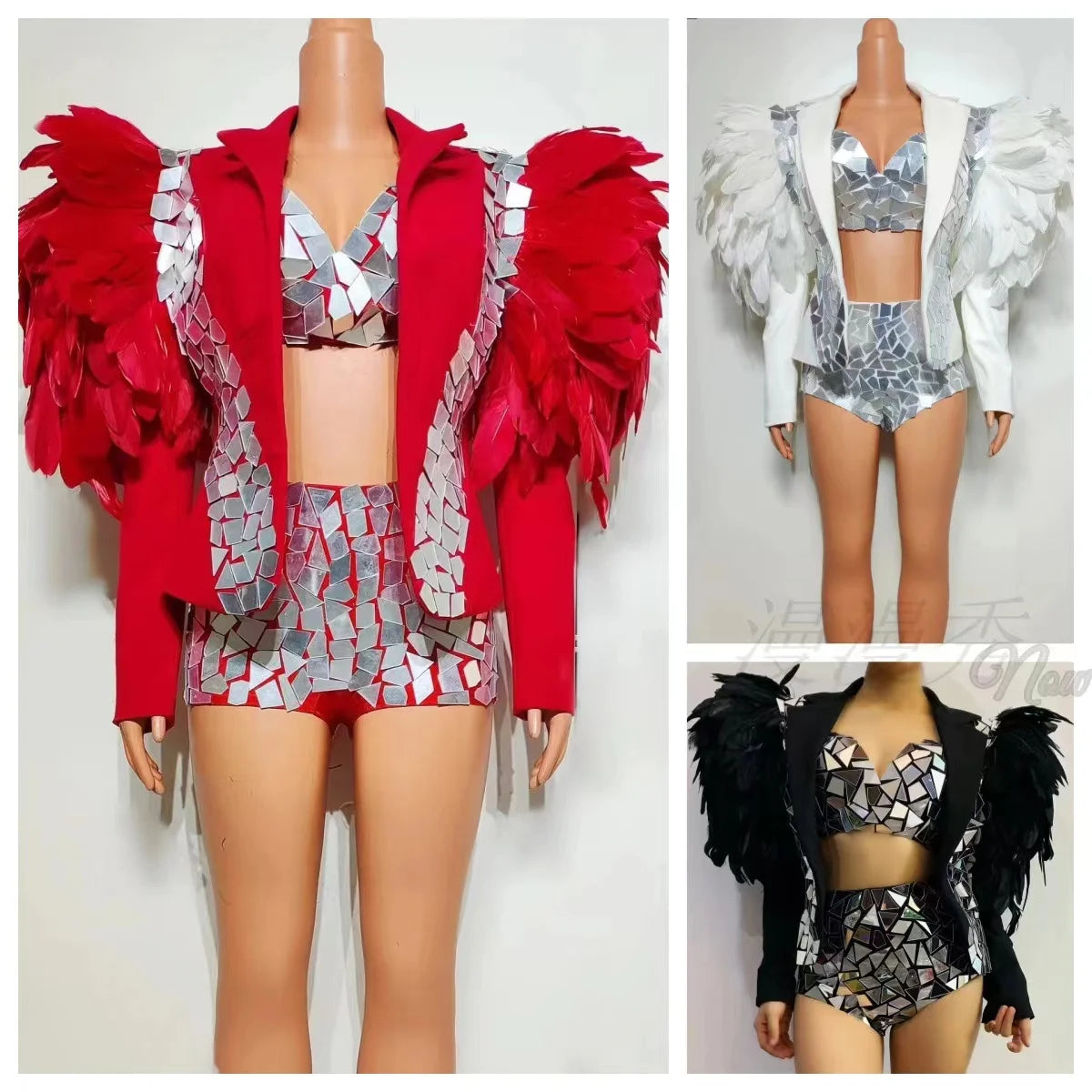 Red White Black Concert Exaggerated Drag Queen Costume Feather Mirror Coat Sequin Bikini Nightclub Bar Singer Stage Dance Outfit