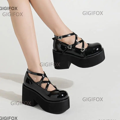 Platform Mary Jane Pumps For Women Chunky High Heels Cross Strap Mary Janes Shoes Spring Casual School Pumps Round Toe