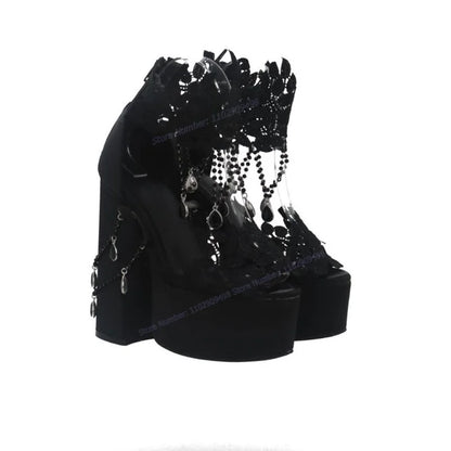 Black Crystal Decor Platform Sandals Pointed Open Toe Shoes for Women Chunky High Heels Gothic Shoes 2023 Zapatos Para Mujere