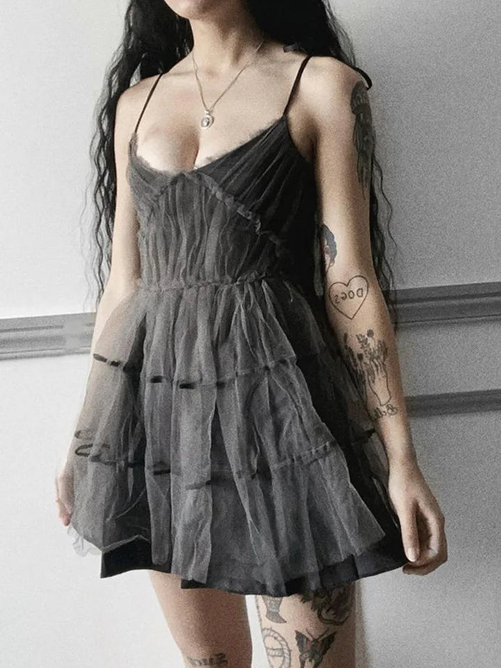 Model wearing an Elegant gothic black mesh lace mini-dress with spaghetti straps