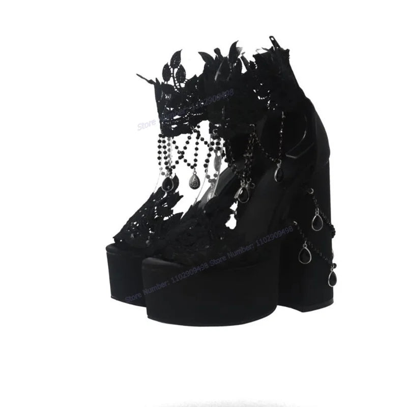 Black Crystal Decor Platform Sandals Pointed Open Toe Shoes for Women Chunky High Heels Gothic Shoes 2023 Zapatos Para Mujere