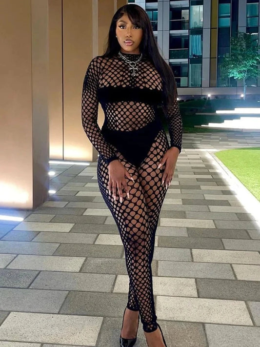 Hole Stylish Women 2Piece Set Sexy High Stretch See Through Patchwork Crop Tops+Pants Midnight Clubwear Thin Suits