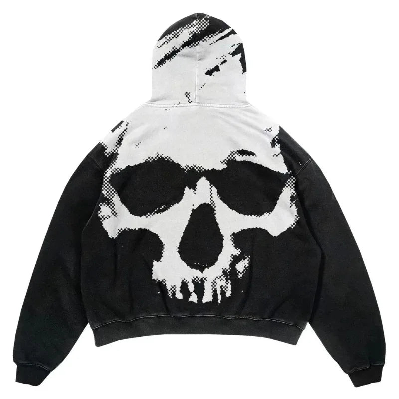 A Maramalive™ Explosions Printed Skull Y2K Retro Hooded Sweater Coat Street Style Gothic Casual Fashion Hooded Sweater Men's Female featuring a large black-and-white pixelated skull design on the back.