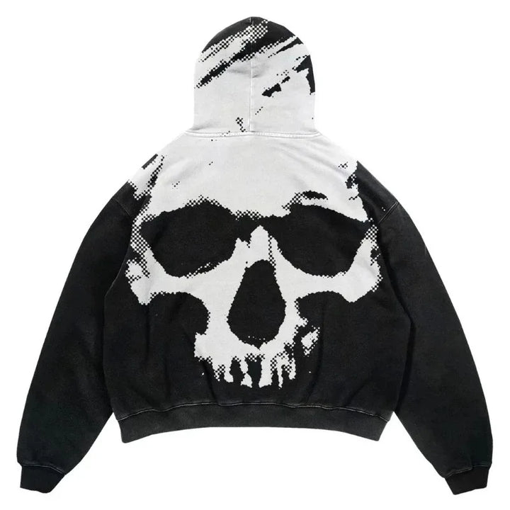 A Maramalive™ Explosions Printed Skull Y2K Retro Hooded Sweater Coat Street Style Gothic Casual Fashion Hooded Sweater Men's Female with a white and black pixelated skull design covering the back and hood.