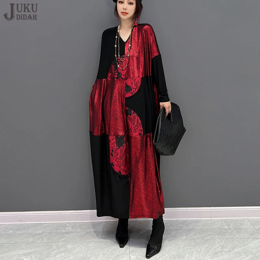 V Neck Full Sleeve New Winter Woman Long Dress Red Black Hit Color Patchwork Loose Fit Big Size Dress Unique Large Robe
