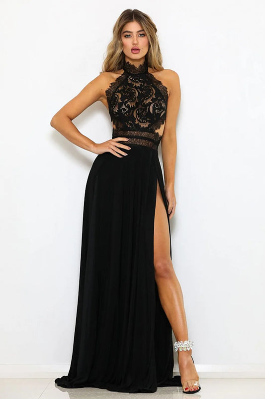 Women's Sexy See-Through Lace Bare Back High Slit Dress Fashion Elegant Solid Color Slim Fit Long Dresses Evening Gown