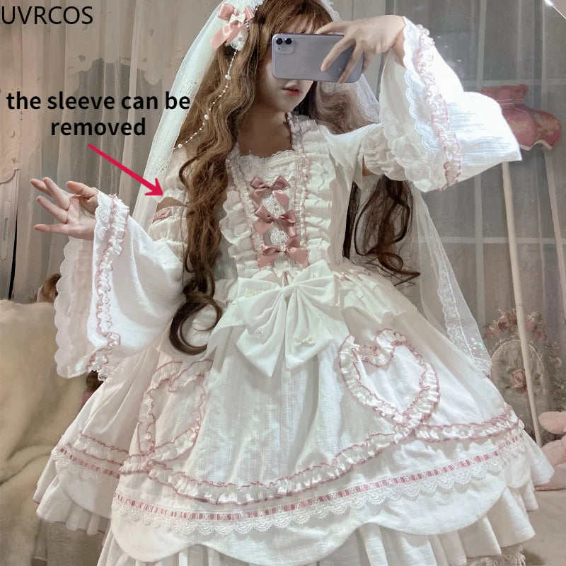 Sweet Wedding Party Lolita Dress Victorian Women Vintage Bow Ruffles Flowers Kawaii Princess Dresses Elegant White Lolita Dress