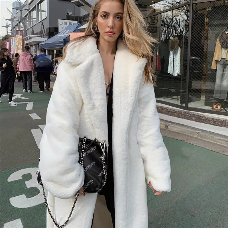 Solid Color Faux Fur Coat Women Long White Fluffy Warm d Coat Hood Lapel Sashes Loose Fashion Outerwear
