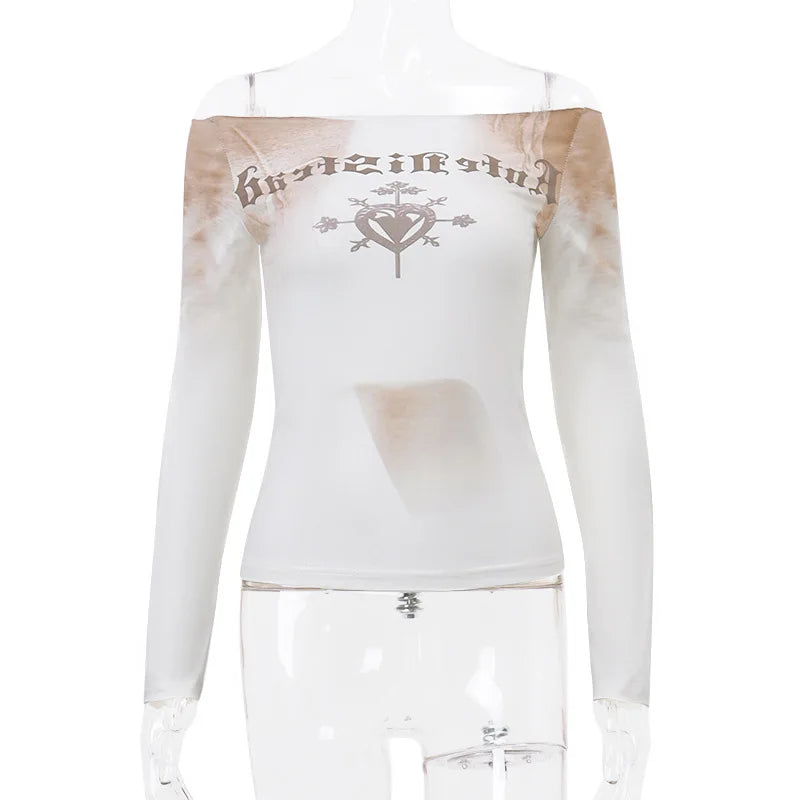 Off-the-shoulder long-sleeved sheer top with a printed design featuring text and central emblem. Crafted from high stretch broadcloth, this sexy & club-ready piece is showcased on a transparent mannequin. Introducing the Cryptographic Letter Print Long Sleeve Off Shoulder Slim Tops See Through Sexy Graphic T-Shirts Tee Women Goth Aesthetic Clothes by Maramalive™.