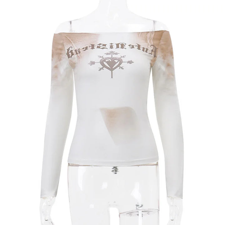 Off-the-shoulder long-sleeved sheer top with a printed design featuring text and central emblem. Crafted from high stretch broadcloth, this sexy & club-ready piece is showcased on a transparent mannequin. Introducing the Cryptographic Letter Print Long Sleeve Off Shoulder Slim Tops See Through Sexy Graphic T-Shirts Tee Women Goth Aesthetic Clothes by Maramalive™.
