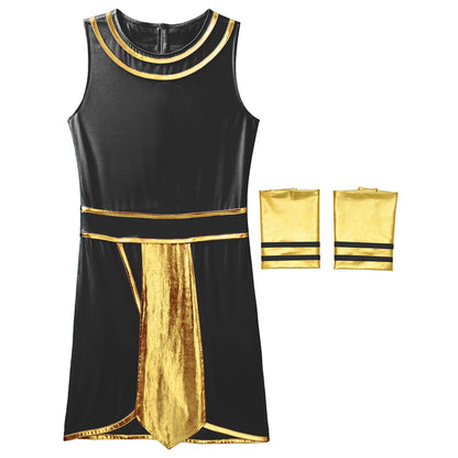 A black sleeveless dress with gold trim and a gold sash, reminiscent of medieval elegance, accompanied by two matching gold wristbands with black stripes—perfect for Maramalive™ Adults Men's Ancient Egypt Costume Halloween Greek Roman Toga Cosplay Dress One Shoulder Strap Suspender Ruffle Skirt Dress Up or any Movie & TV-inspired event.
