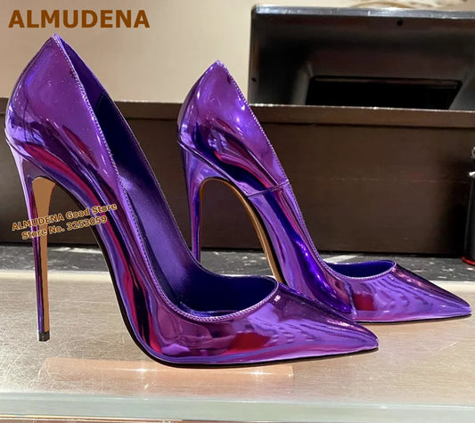 Purple Patent Leather Hologram Iridescent 12cm High Heels Pointed Toe Slip-on Shallow Dress Pumps Size45 Wedding Shoes