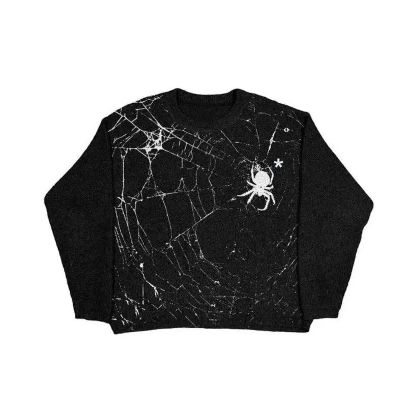 Y2K Goth Spider Web Print Pattern Long Sleeve Knit Men Pullover Autumn Winter Streetwear Casual Grunge Women Sweater