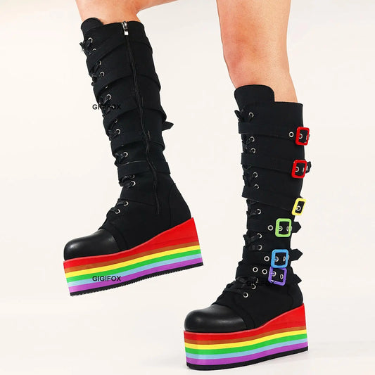 Brand Big Size 43 Fashion Gothic Rainbow Platform Buckles Zipper Colorful Great Quality Motorcycle Boots Woman Shoes