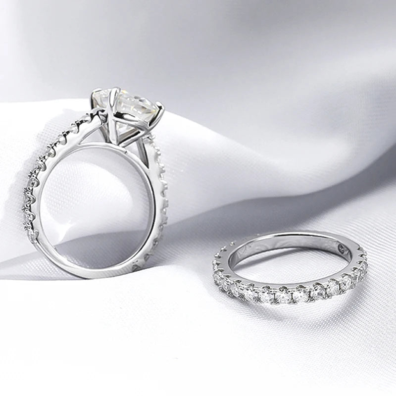 Elegant sterling silver moissanite engagement rings.