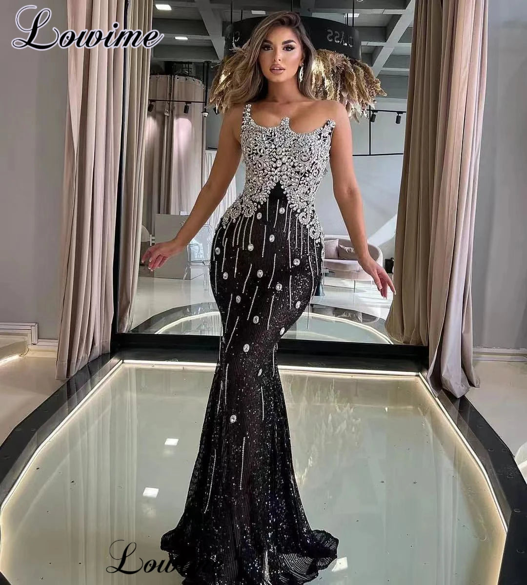 Black Sequined Prom Dresses With Crystals Sleeveless Mermaid Cocktail Dresses Vestidos De Cóctel Wedding Party Dresses For Women