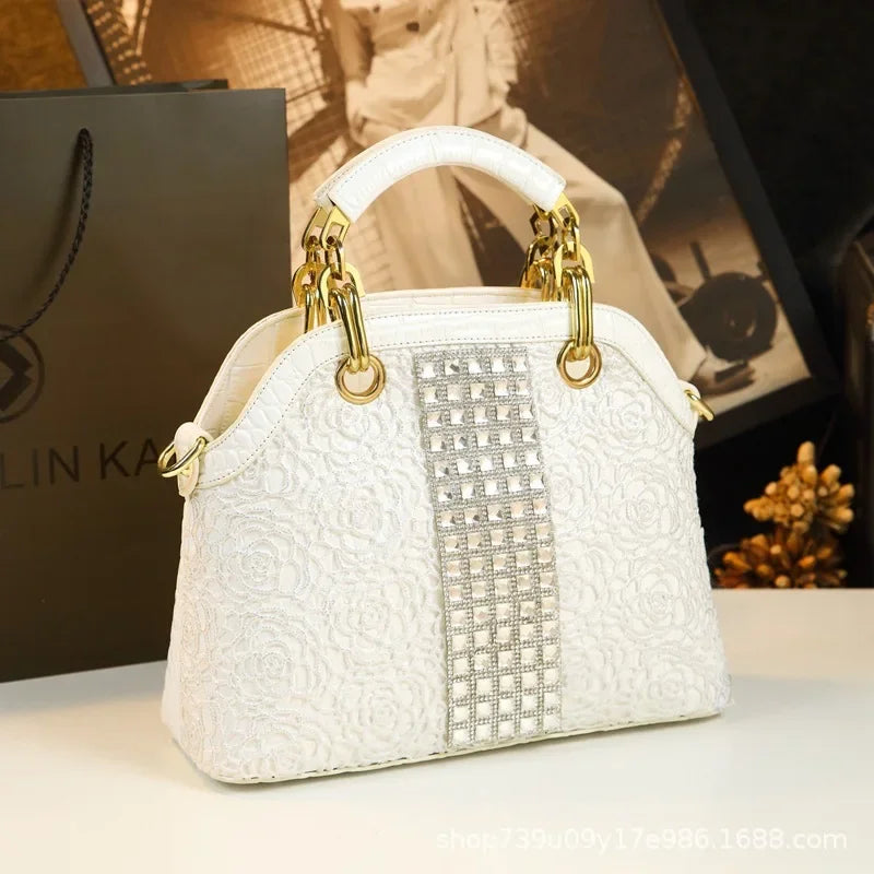 Genuine leather new crocodile pattern temperament handbag, patent leather lace inlaid diamond single shoulder crossbody bag