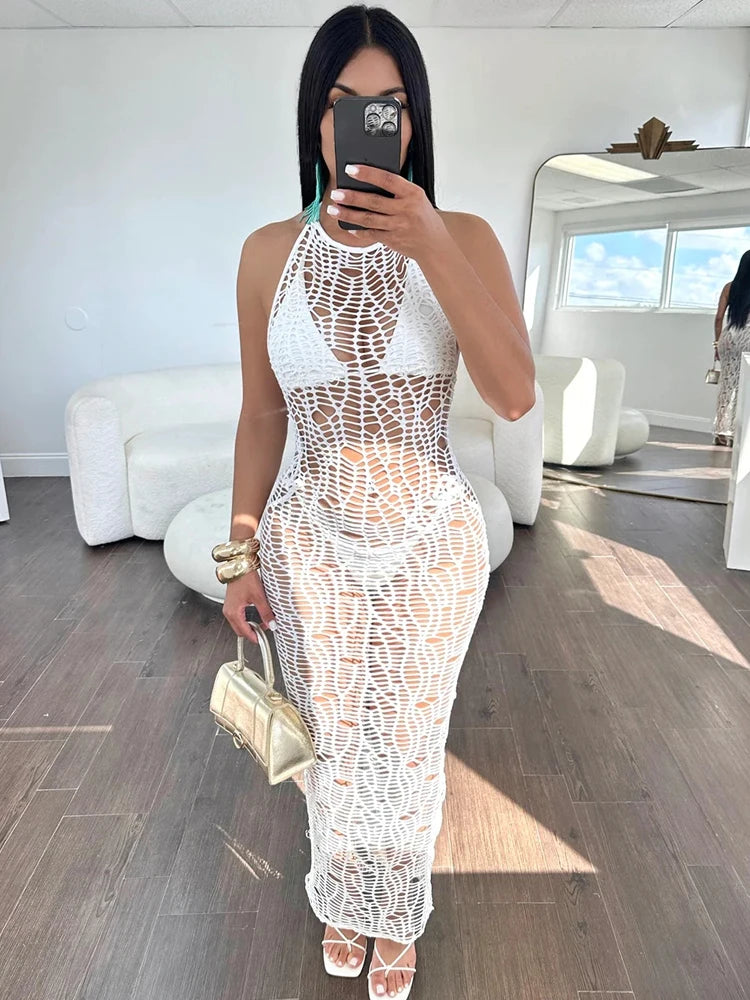 Seductive Cut-Out Backless Crochet Bikini Cover-Up Swim Set Women Hollow Out Beach Cover-Up Fishnet Set Vacation Outfit