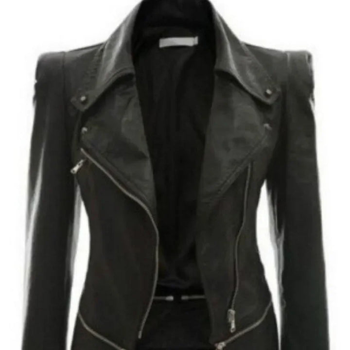 Black, edgy, gothic-style faux leather jacket.