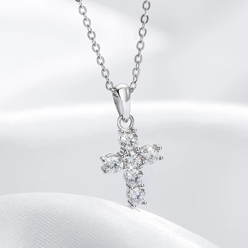 3mm Moissanite Cross Pendant for Women 6pcs Gemstone Sparkling Simulated Diamond S925 Silver Moissanite Necklace