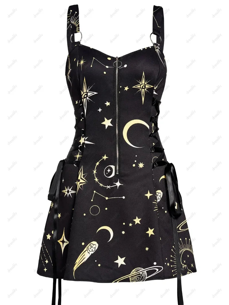 Fashion Sun Moon Print Lace Up Mini Dress Summer Sleeveless Gothic Dresses Women Square Neck Goth Vintage Clothes Y2k Vestidos