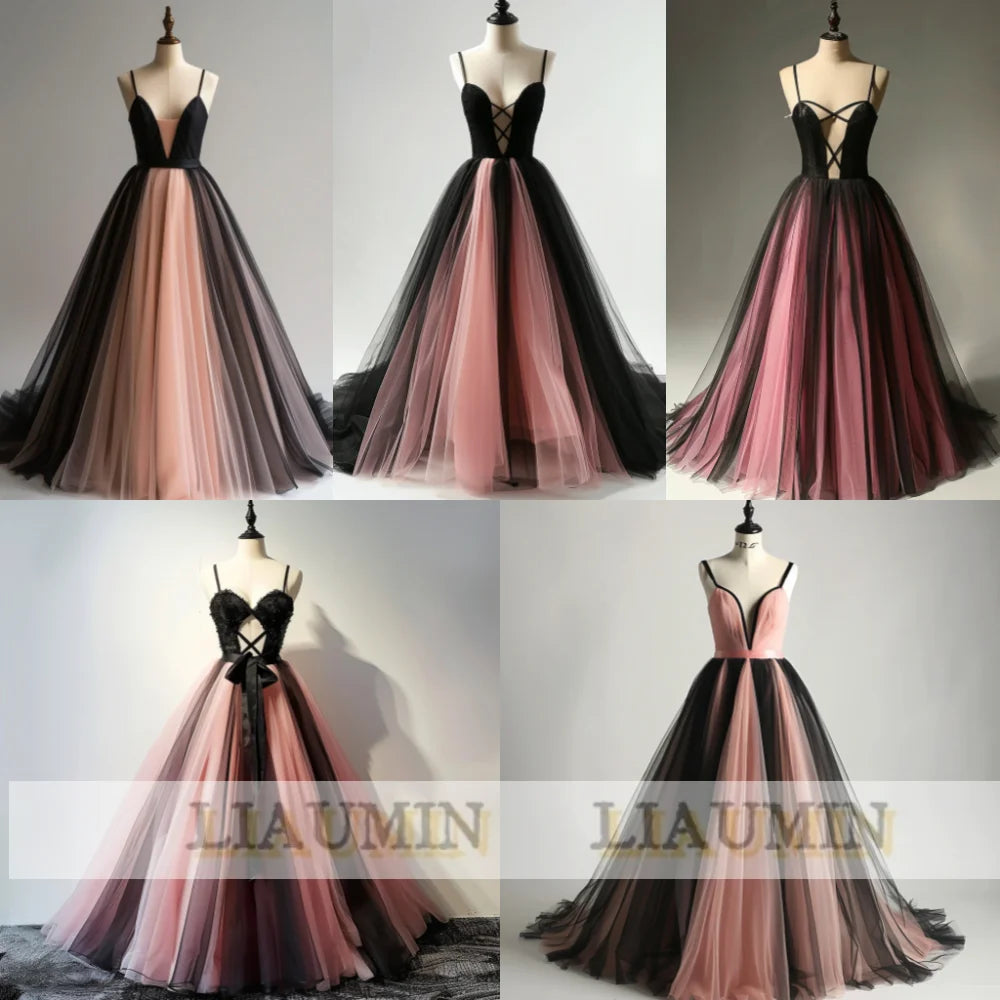 New Pink And Black Tulle Floor Length Strap Lace Up Back Evening Dress Formal Party Prom Princess Skirt Hand Made Custom W15-14