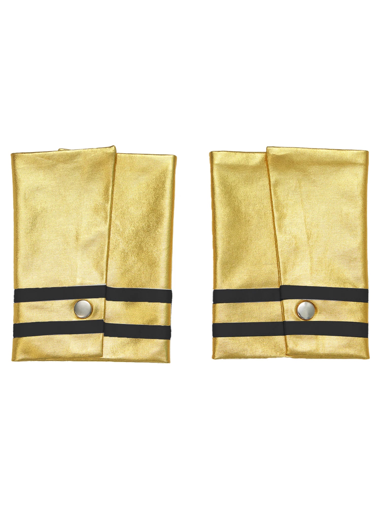 Two gold-colored fabric costume cuffs with black stripes and round silver buttons, designed to resemble pilot or military uniform accessories. Perfect for a Maramalive™ Adults Men's Ancient Egypt Costume Halloween Greek Roman Toga Cosplay Dress One Shoulder Strap Suspender Ruffle Skirt Dress Up, these cuffs add an authentic touch to your Movie & TV outfits.