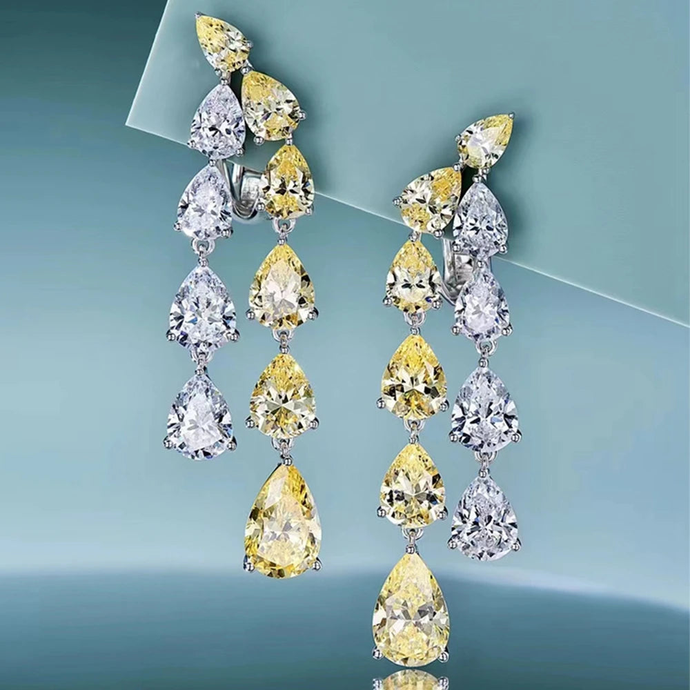 925 Sterling Silver Pear Simulated Moissanite Citrine Gemstone Tassel Dangle Earrings Wedding Engagement Fine Jewelry